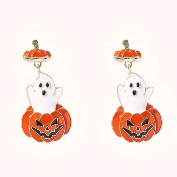 Peek A Boo Ghost in Pumpkin Jack O Lantern Halloween Stud Earrings - Picture 1 of 3